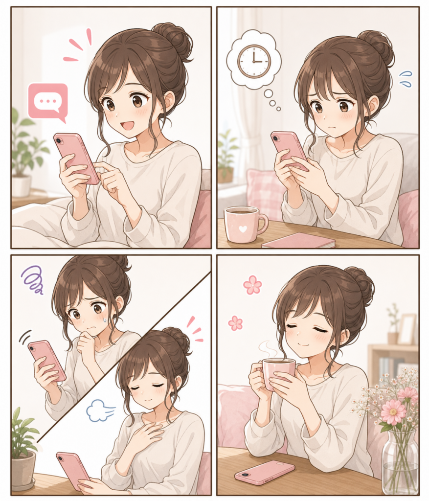LINEの返信が遅くて不安になったときに落ち着く流れを表す4コマ漫画